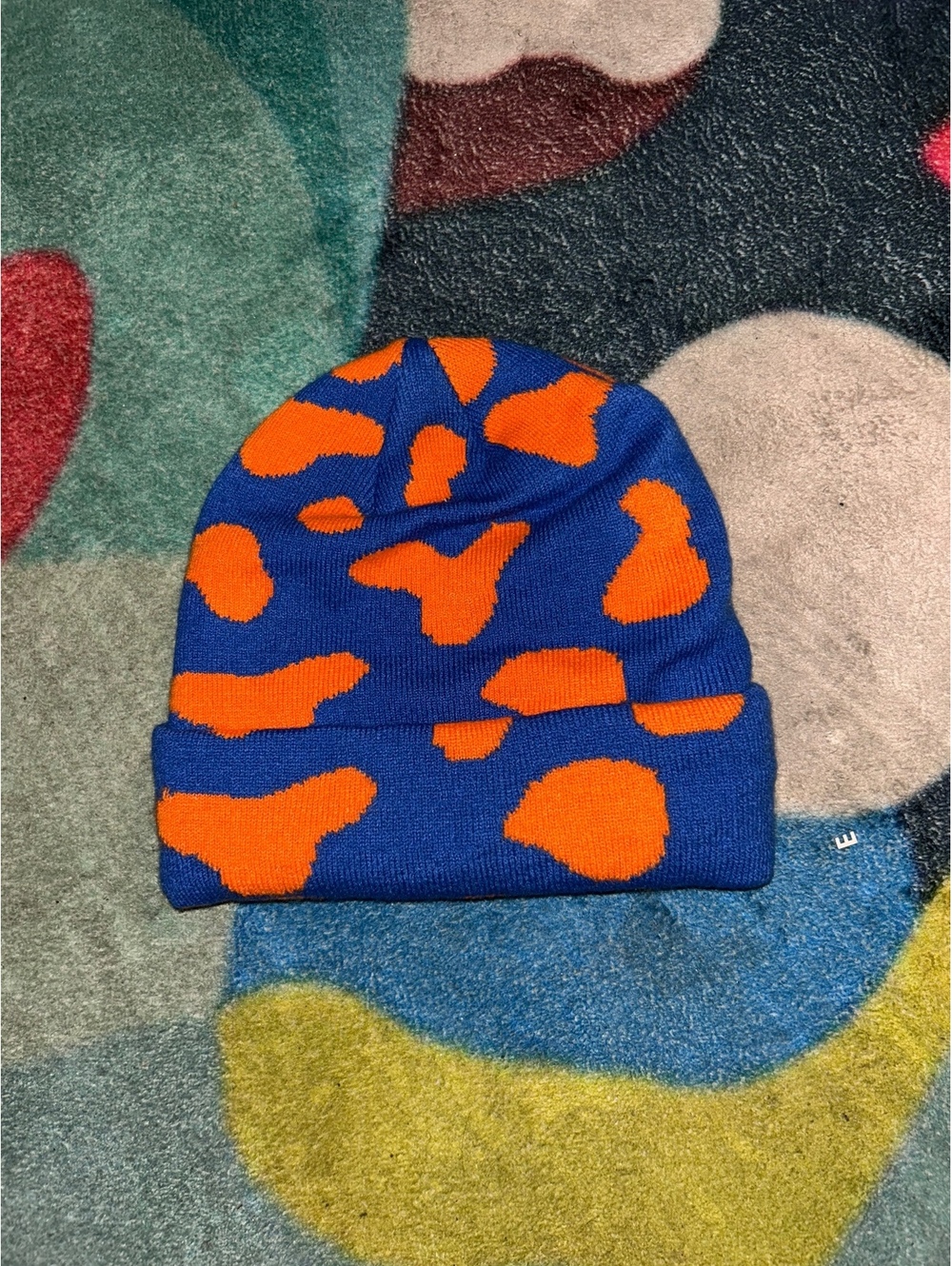 Blue and Orange Patterned Knit Beanie Hat